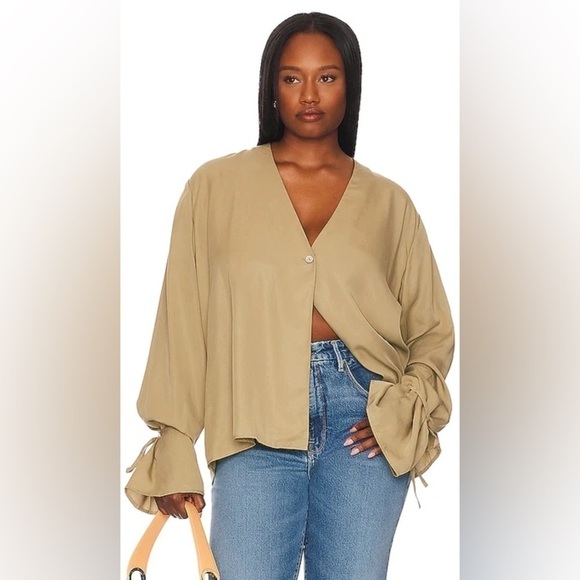 Revolve x L'Academie Tie Sleeve Blouse in Brown - Picture 2 of 13